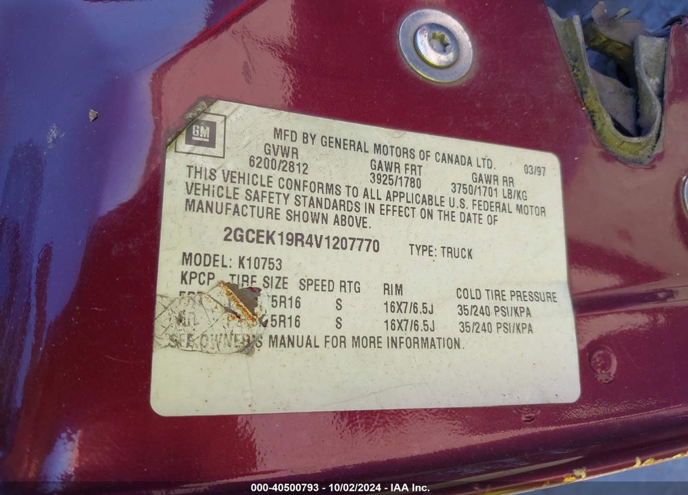 1997 CHEVROLET K1500 FLEETSIDE VIN: 2GCEK19R4V1207770