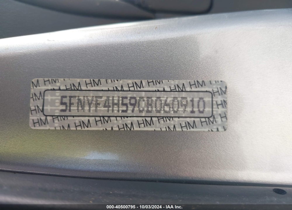 2012 HONDA PILOT EX-L VIN: 5FNYF4H59CB060910