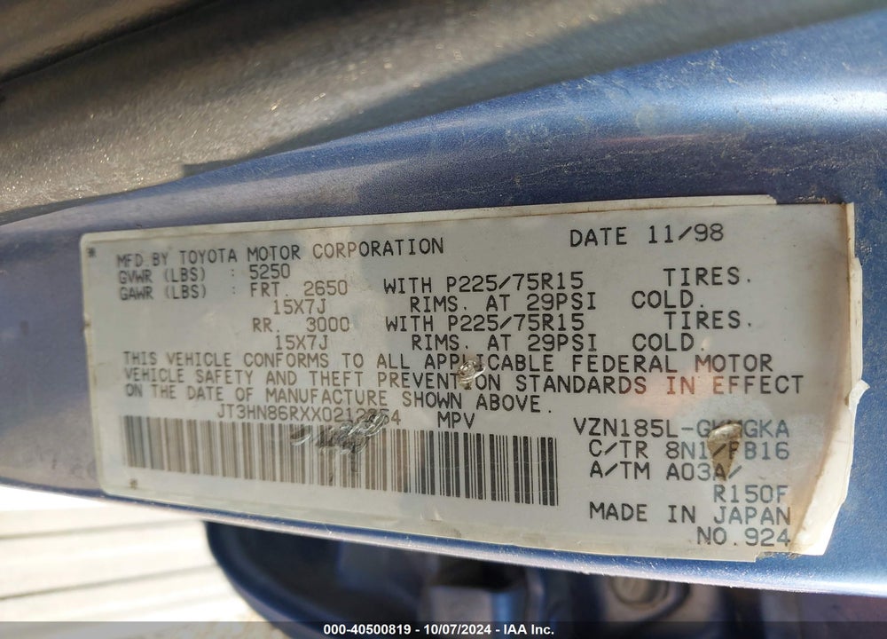 1999 TOYOTA 4RUNNER SR5 V6 VIN: JT3HN86RXX0212654