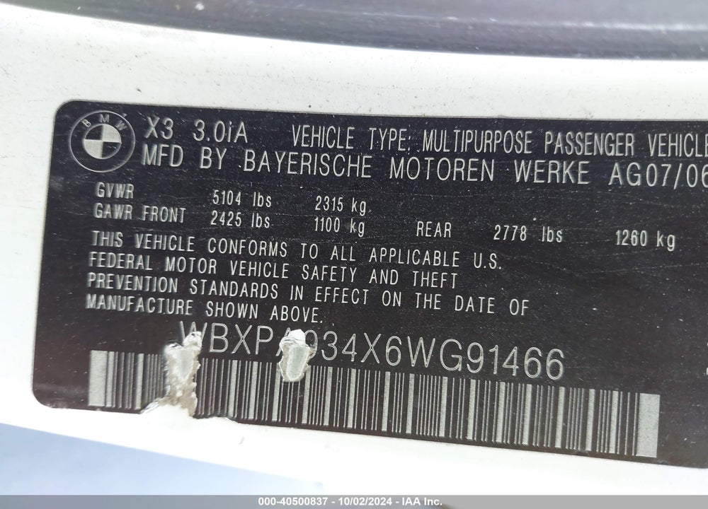 2006 BMW X3 3.0I VIN: WBXPA934X6WG91466