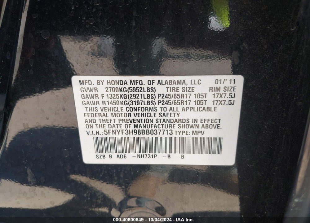 2011 HONDA PILOT TOURING VIN: 5FNYF3H98BB037713