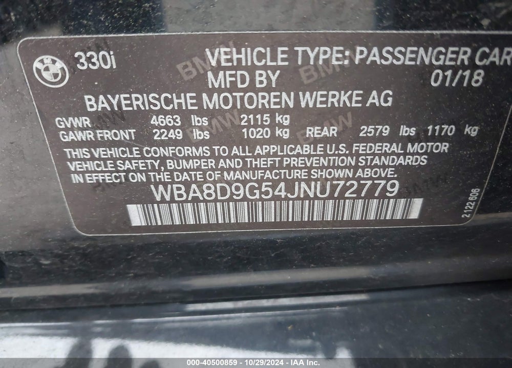 2018 BMW 330I XDRIVE VIN: WBA8D9G54JNU72779
