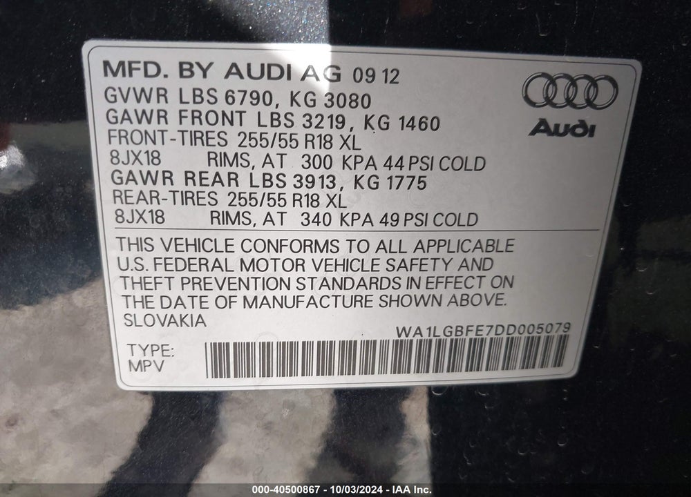 2013 AUDI Q7 3.0T PREMIUM VIN: WA1LGBFE7DD005079