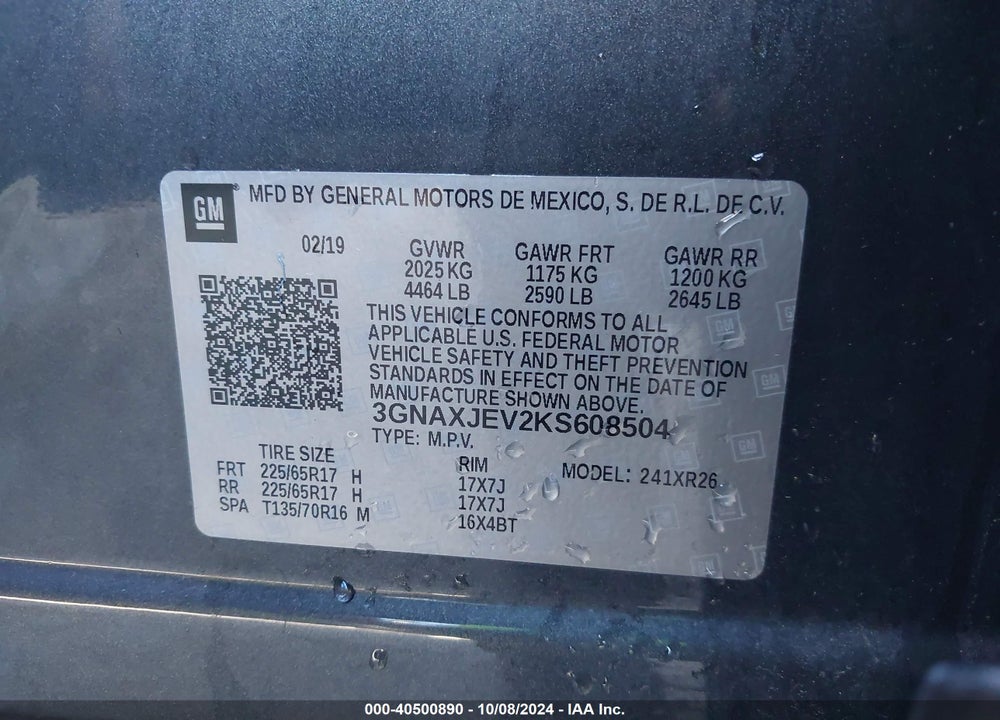 2019 CHEVROLET EQUINOX LT VIN: 3GNAXJEV2KS608504