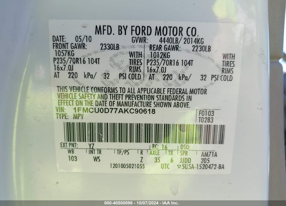 2010 FORD ESCAPE XLT VIN: 1FMCU0D77AKC90618