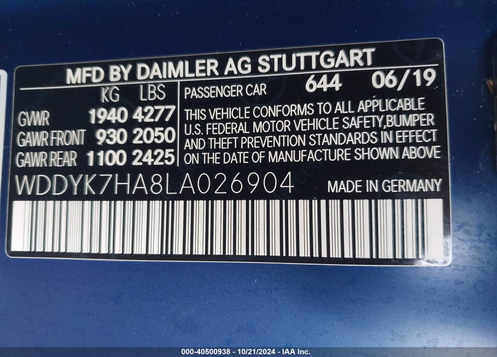 2020 MERCEDES-BENZ AMG GT VIN: WDDYK7HA8LA026904