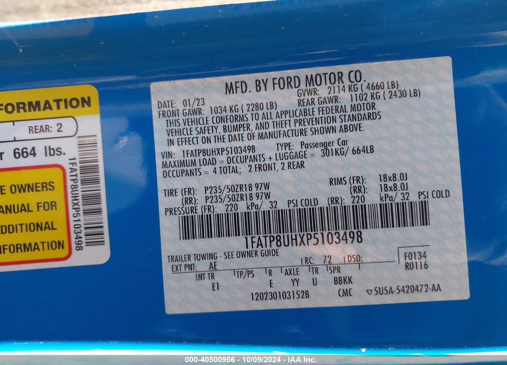 2023 FORD MUSTANG ECOBOOST PREMIUM VIN: 1FATP8UHXP5103498