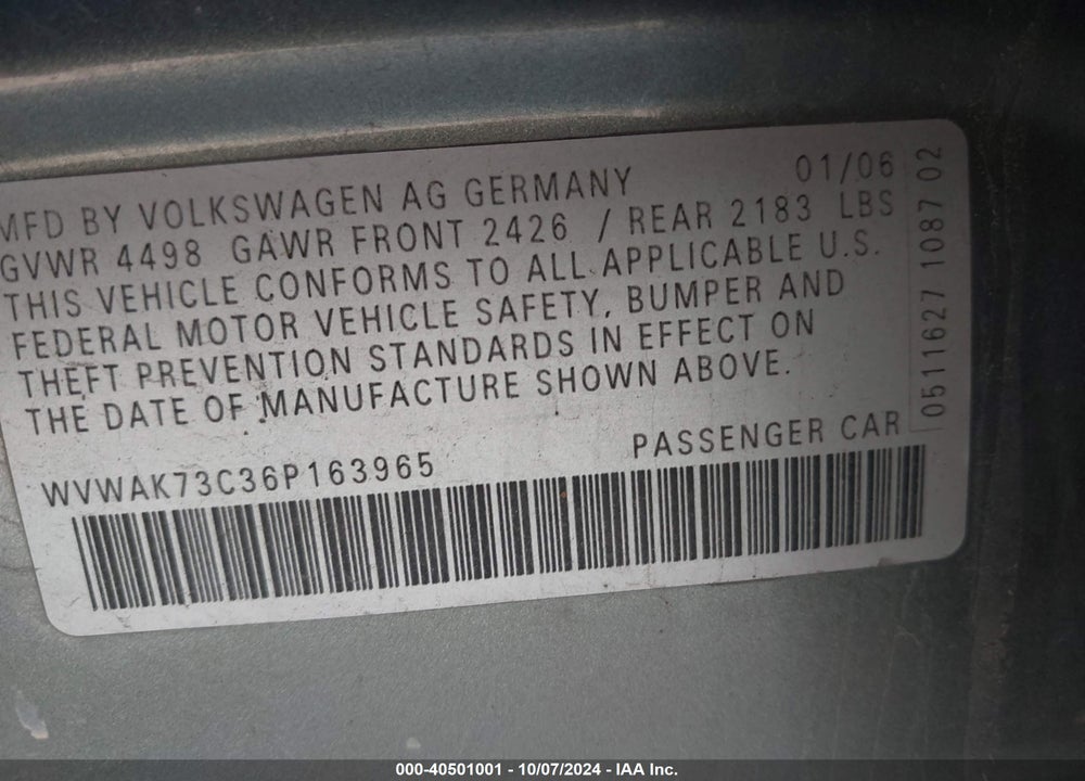 2006 VOLKSWAGEN PASSAT 2.0T/VALUE EDITION VIN: WVWAK73C36P163965