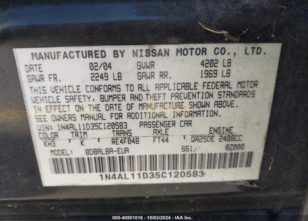 2005 NISSAN ALTIMA 2.5 S VIN: 1N4AL11D35C120583