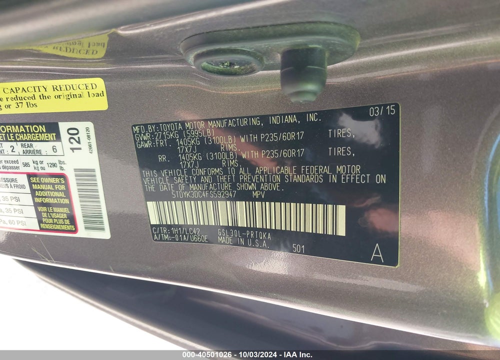 2015 TOYOTA SIENNA XLE 8 PASSENGER VIN: 5TDYK3DC4FS592947