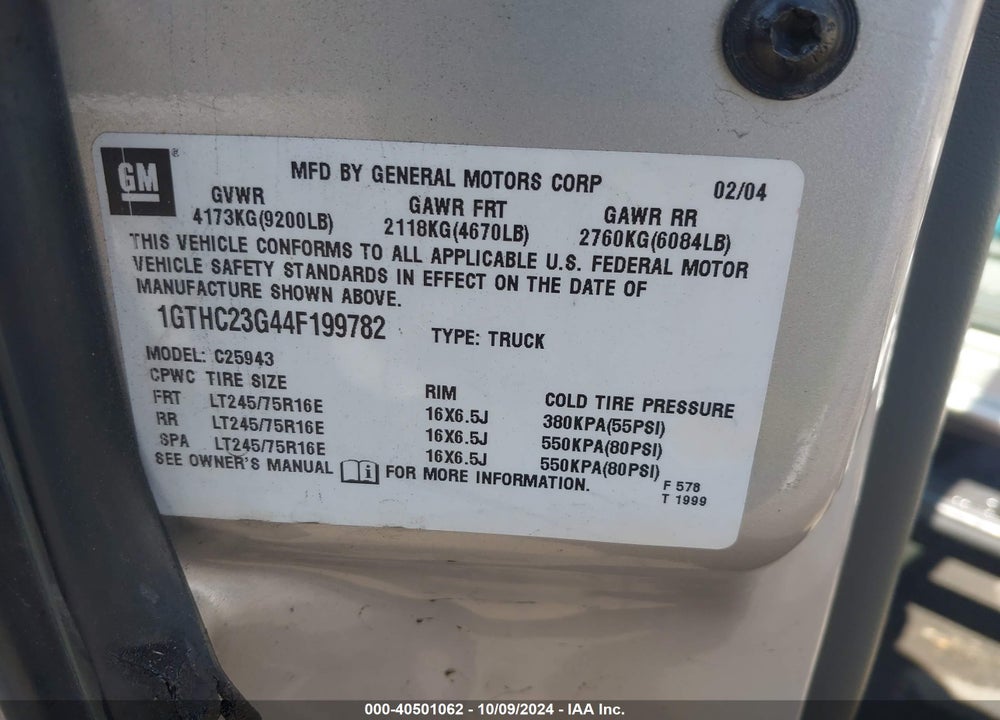 2004 GMC SIERRA 2500HD SLT VIN: 1GTHC23G44F199782