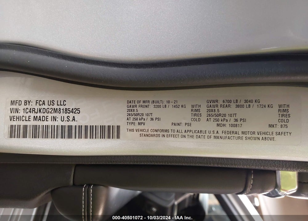 2021 JEEP GRAND CHEROKEE L VIN: 1C4RJKDG2M8185425
