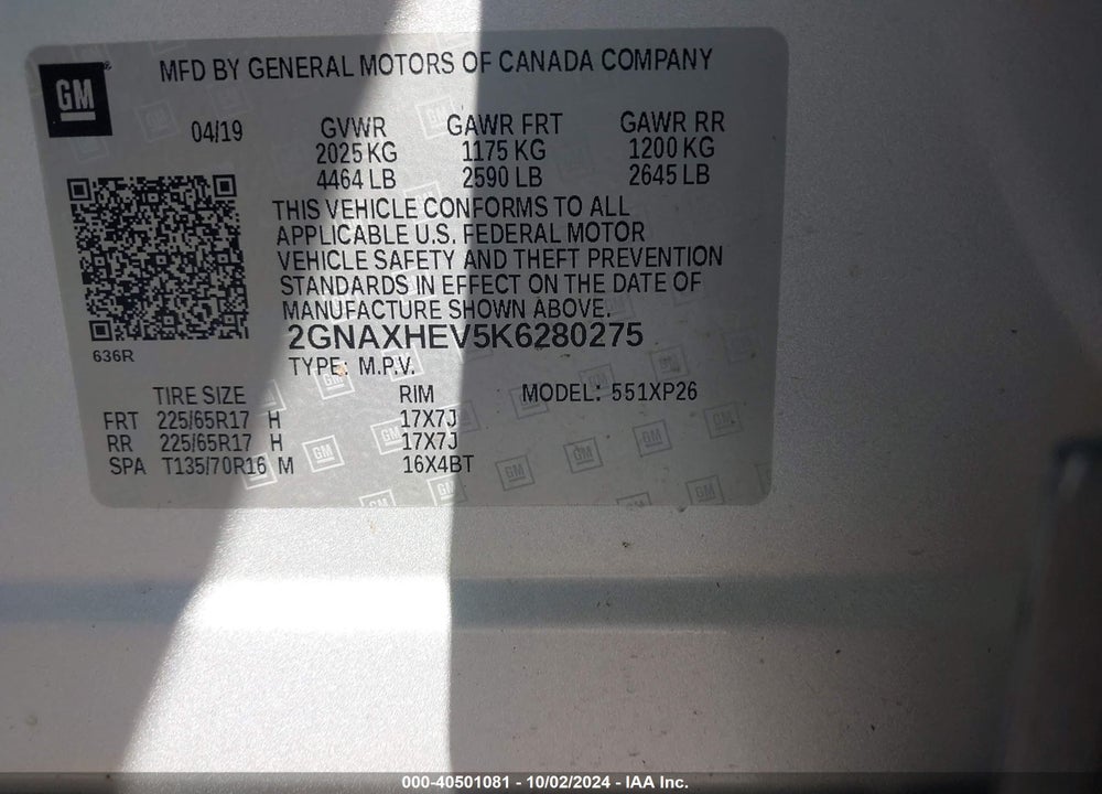 2019 CHEVROLET EQUINOX LS VIN: 2GNAXHEV5K6280275