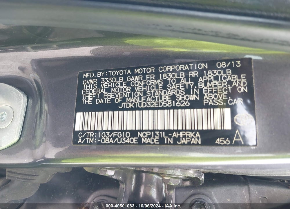 2014 TOYOTA YARIS LE (TMC/CBU PLANT) VIN: JTDKTUD32ED581626