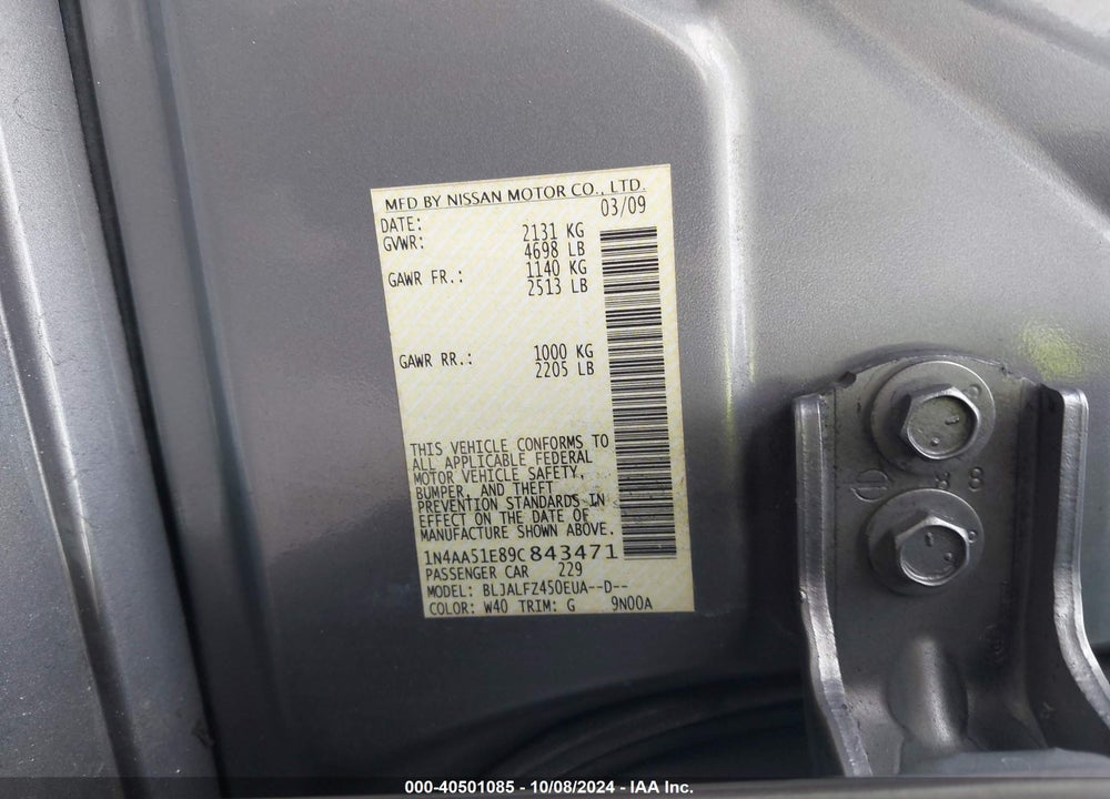 2009 NISSAN MAXIMA 3.5 SV VIN: 1N4AA51E89C843471