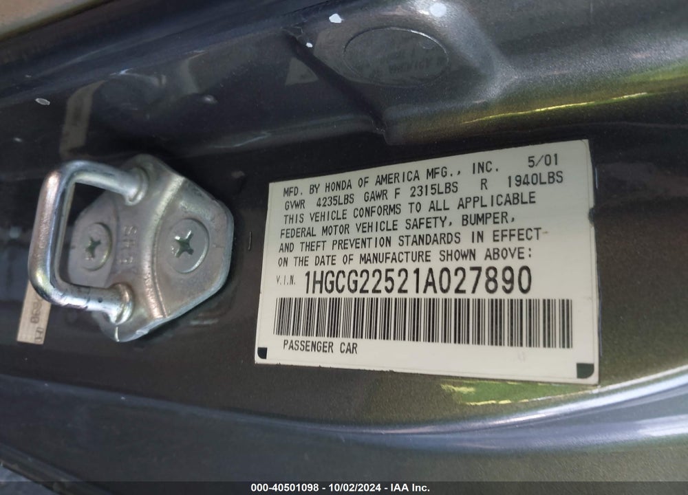2001 HONDA ACCORD 3.0 EX VIN: 1HGCG22521A027890
