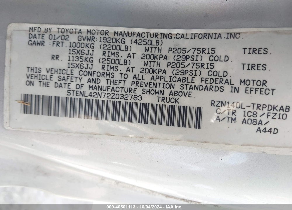 2002 TOYOTA TACOMA VIN: 5TENL42N72Z032783