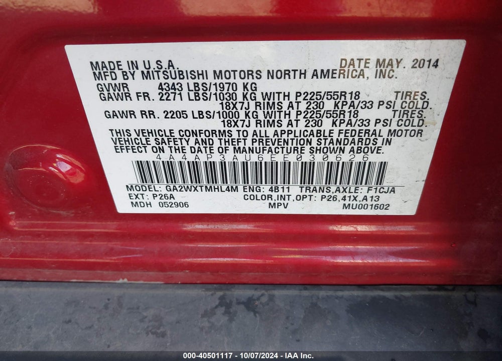 2014 MITSUBISHI OUTLANDER SPORT VIN: 4A4AP3AU6EE030626