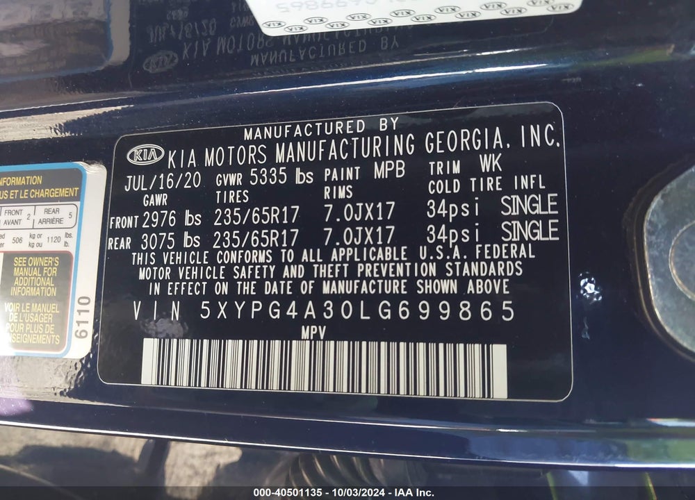 2020 KIA SORENTO 2.4L LX VIN: 5XYPG4A30LG699865