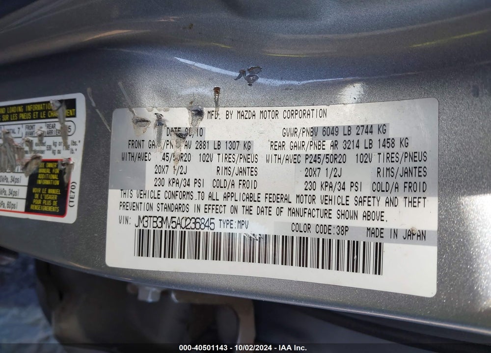 2010 MAZDA CX-9 GRAND TOURING VIN: JM3TB3MV5A0236845