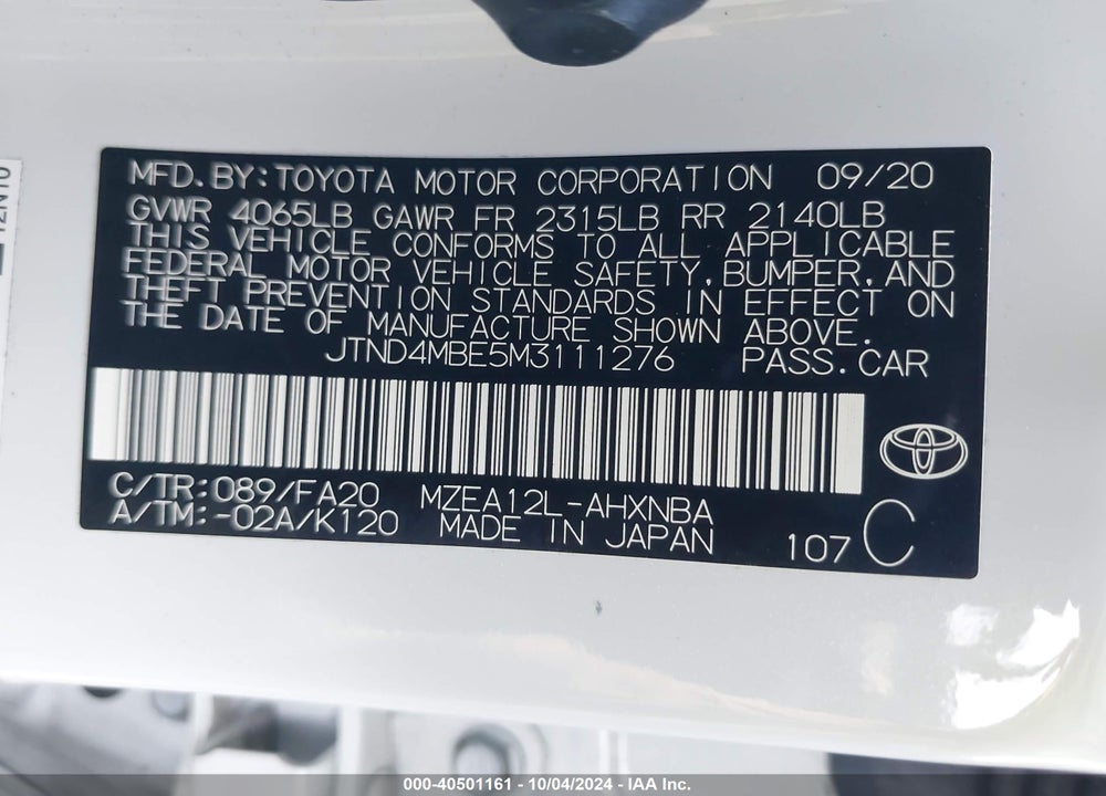 2021 TOYOTA COROLLA SE VIN: JTND4MBE5M3111276