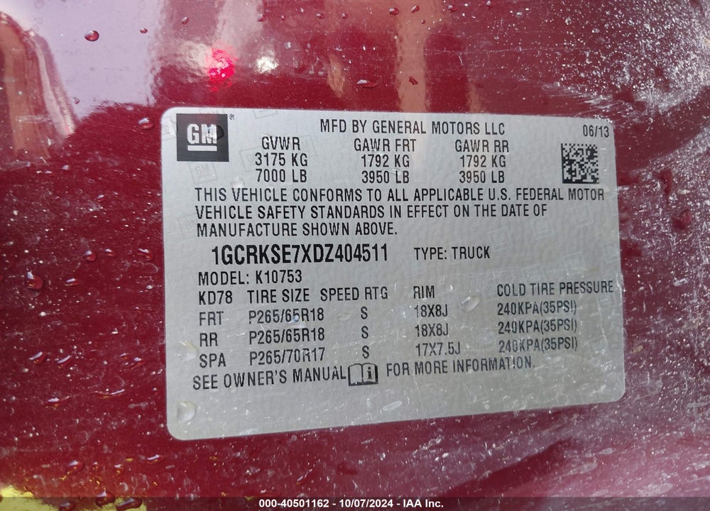 2013 CHEVROLET SILVERADO 1500 VIN: 1GCRKSE7XDZ404511