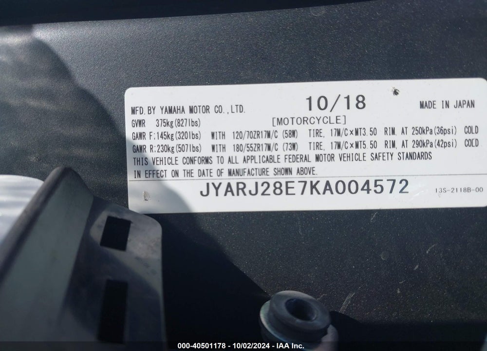 2019 YAMAHA YZFR6 VIN: JYARJ28E7KA004572