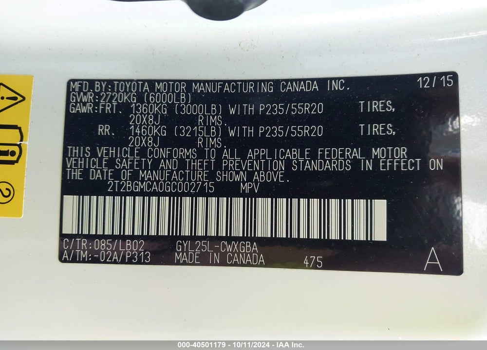 2016 LEXUS RX 450H VIN: 2T2BGMCA0GC002715