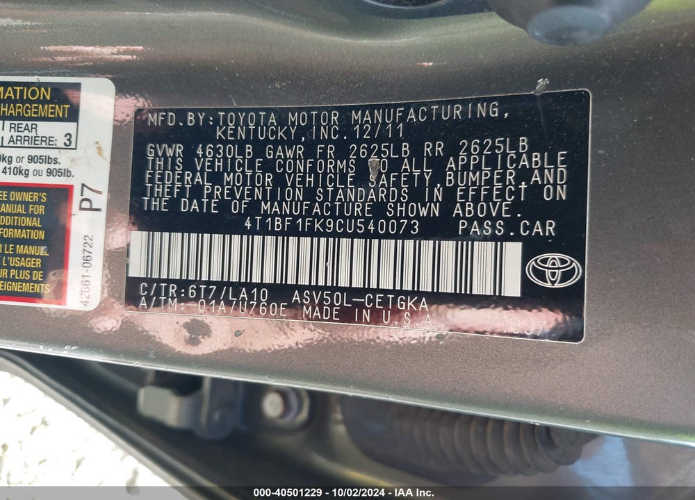 2012 TOYOTA CAMRY XLE VIN: 4T1BF1FK9CU540073