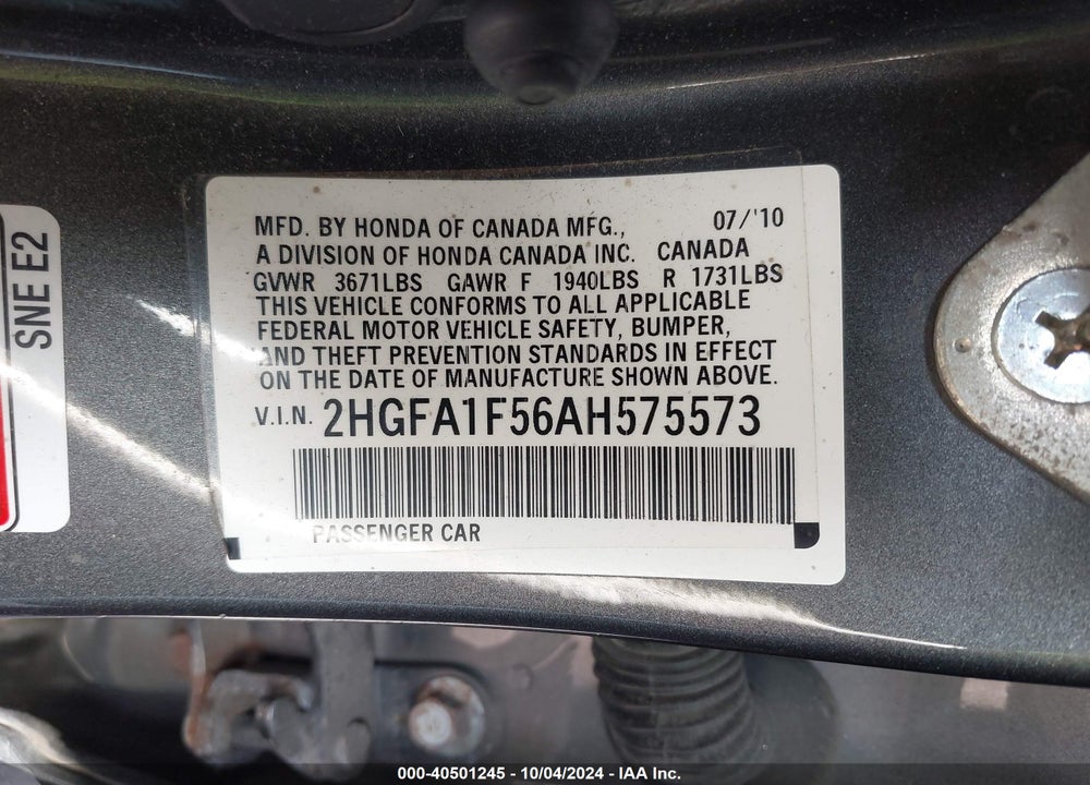 2010 HONDA CIVIC LX VIN: 2HGFA1F56AH575573