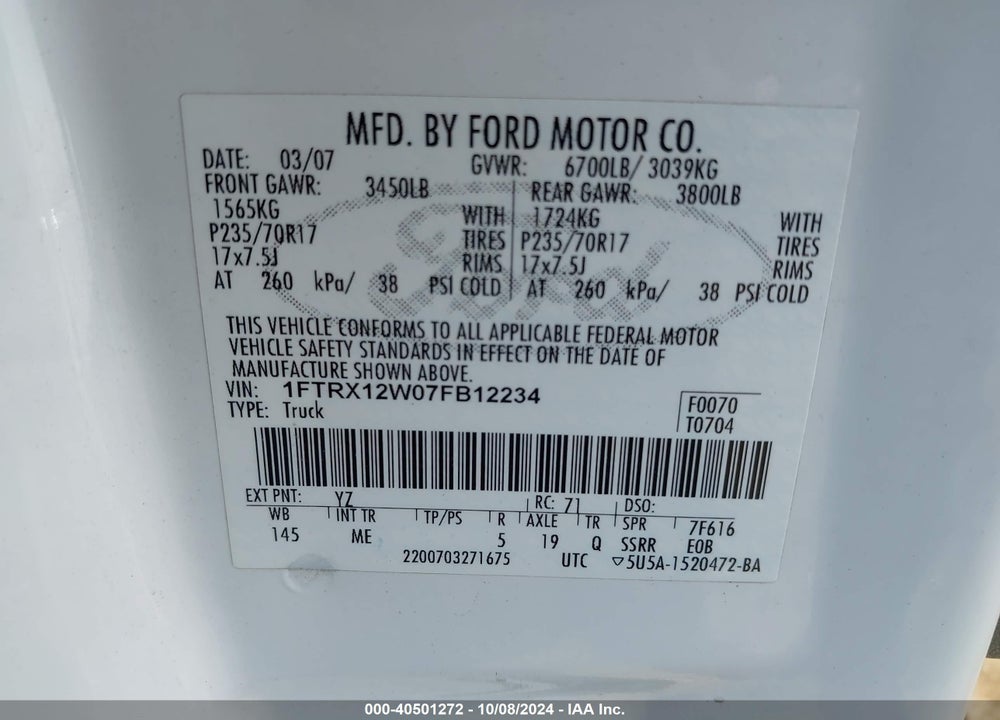 2007 FORD F-150 STX/XL/XLT VIN: 1FTRX12W07FB12234
