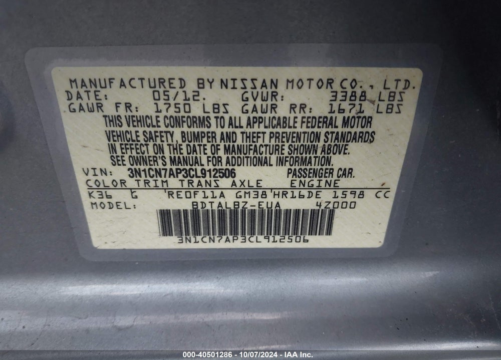 2012 NISSAN VERSA 1.6 SV VIN: 3N1CN7AP3CL912506