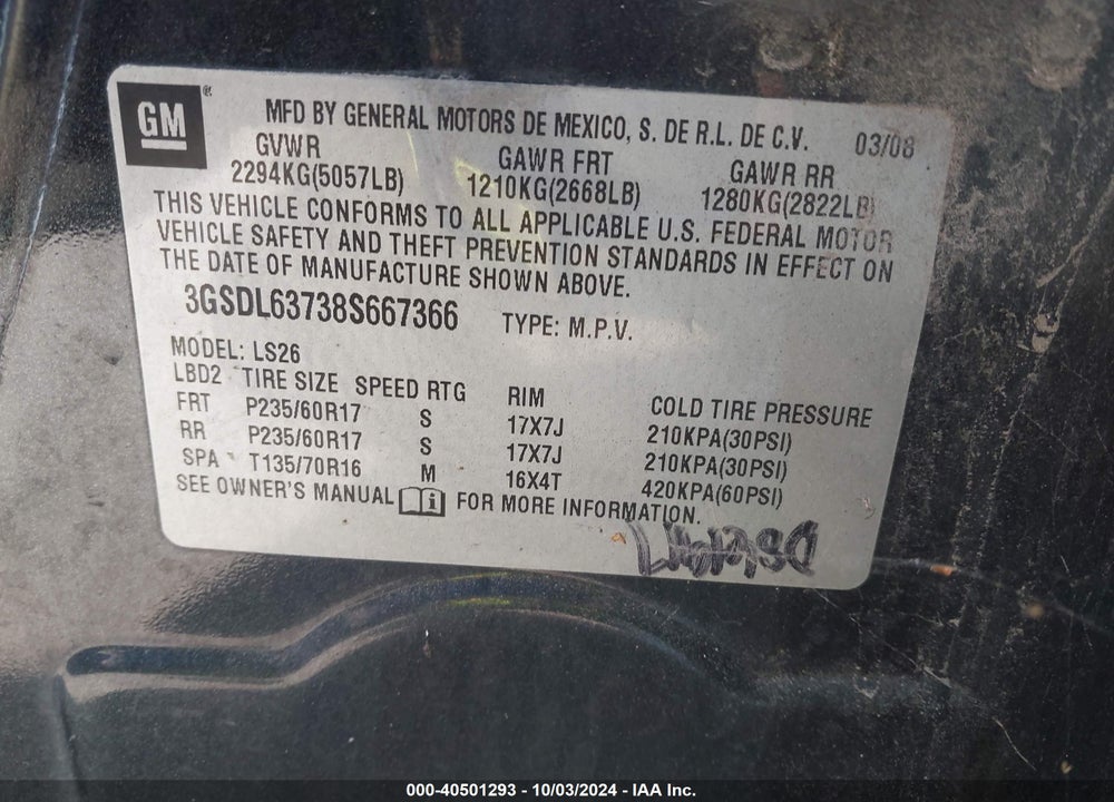 2008 SATURN VUE V6 XR VIN: 3GSDL63738S667366