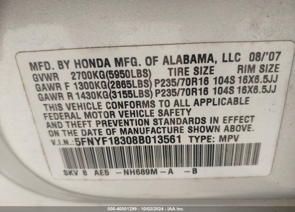 2008 HONDA PILOT SE VIN: 5FNYF18308B013561