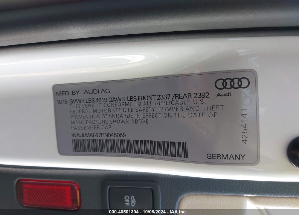 2017 AUDI A4 2.0T ULTRA PREMIUM VIN: WAULMAF47HN045059