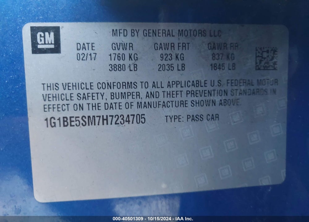 2017 CHEVROLET CRUZE LT AUTO VIN: 1G1BE5SM7H7234705