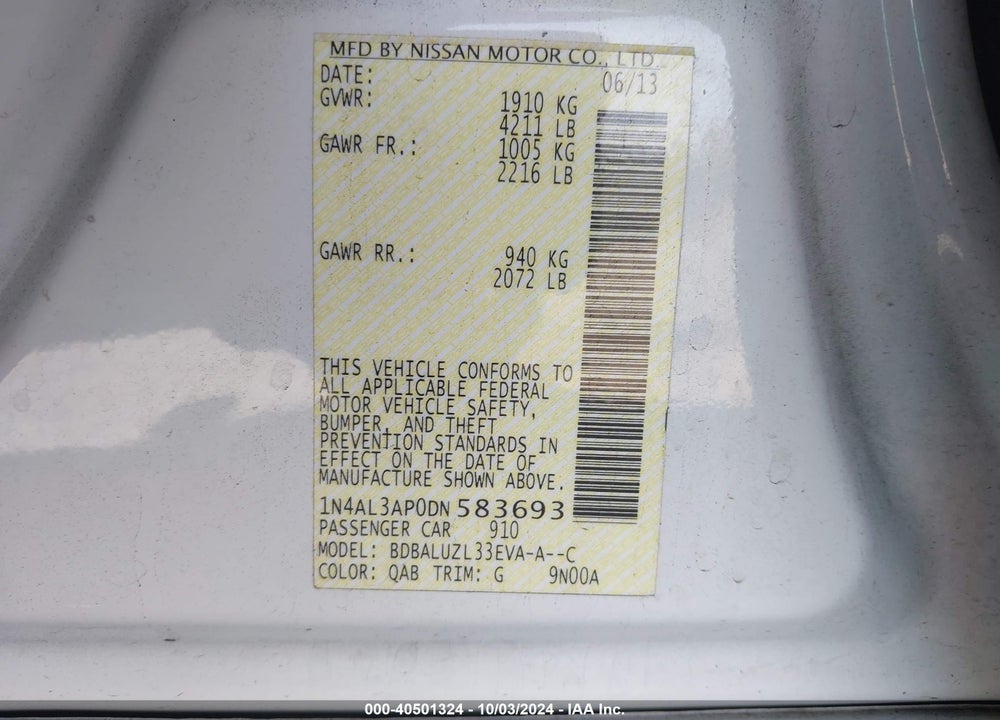 2013 NISSAN ALTIMA 2.5 SV VIN: 1N4AL3AP0DN583693