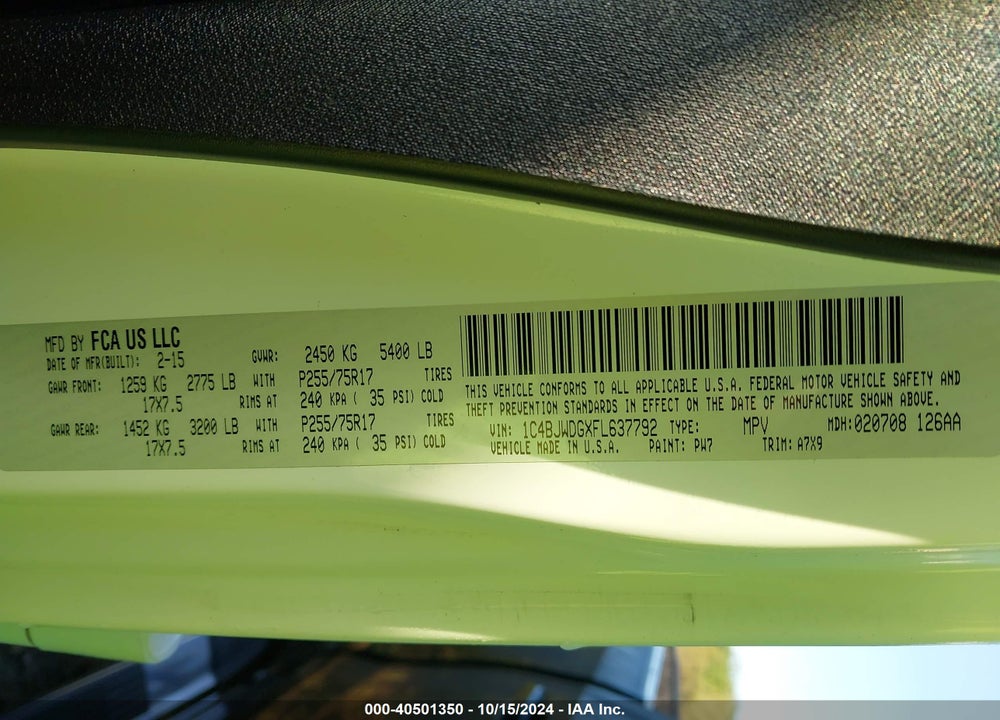 2015 JEEP WRANGLER UNLIMITED SPORT VIN: 1C4BJWDGXFL637792