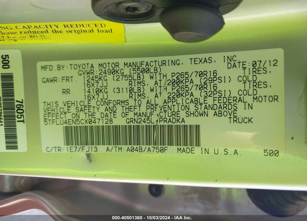 2012 TOYOTA TACOMA BASE V6 VIN: 5TFLU4EN5CX047128