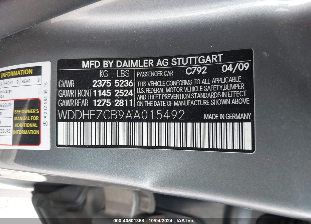 2010 MERCEDES-BENZ E 550 VIN: WDDHF7CB9AA015492