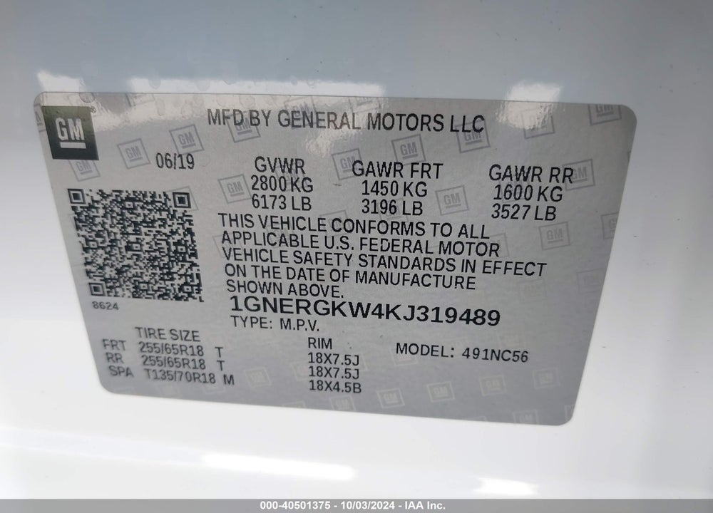 2019 CHEVROLET TRAVERSE 1LT VIN: 1GNERGKW4KJ319489