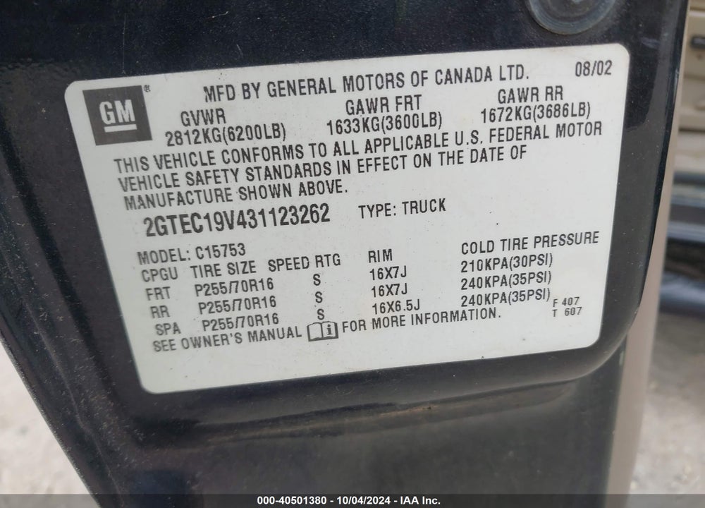 2003 GMC SIERRA 1500 SLE VIN: 2GTEC19V431123262