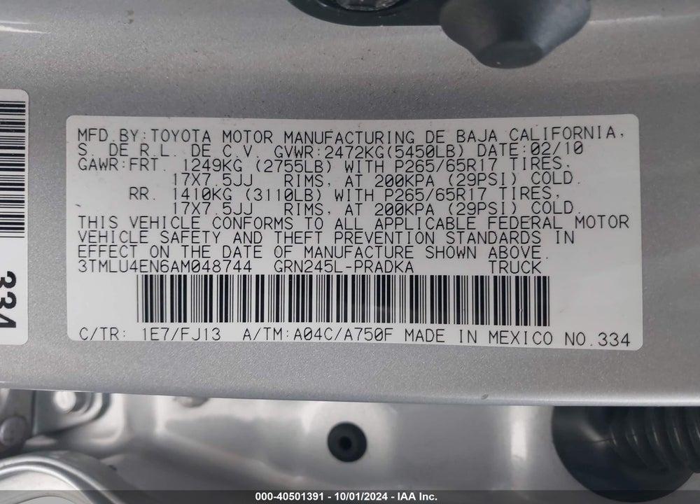 2010 TOYOTA TACOMA BASE V6 VIN: 3TMLU4EN6AM048744