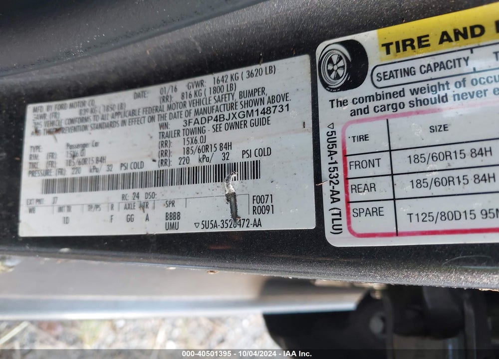 2016 FORD FIESTA SE VIN: 3FADP4BJXGM148731
