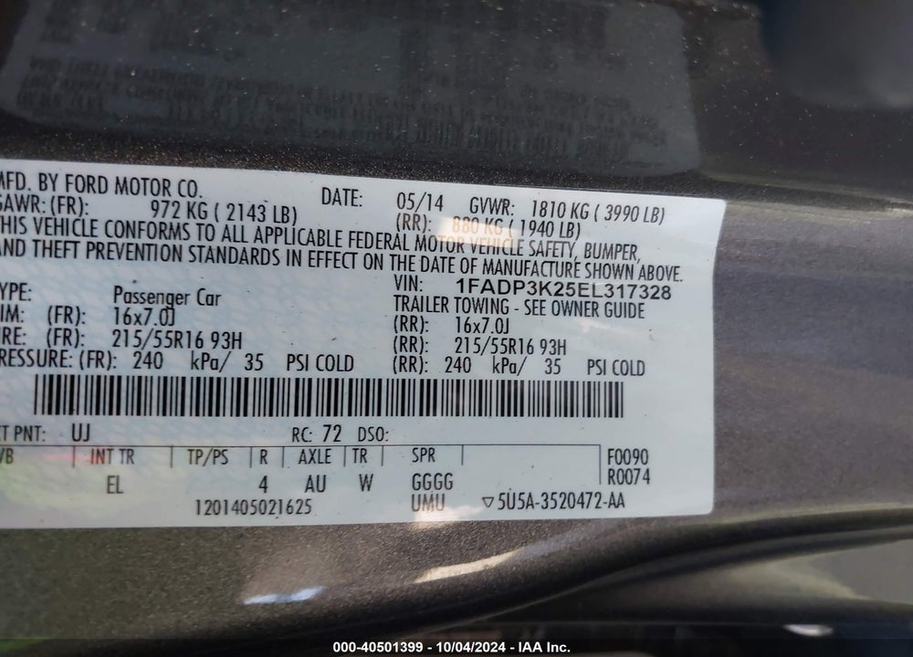 2014 FORD FOCUS SE VIN: 1FADP3K25EL317328