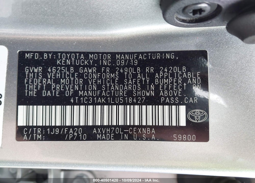 2020 TOYOTA CAMRY LE HYBRID VIN: 4T1C31AK1LU518427