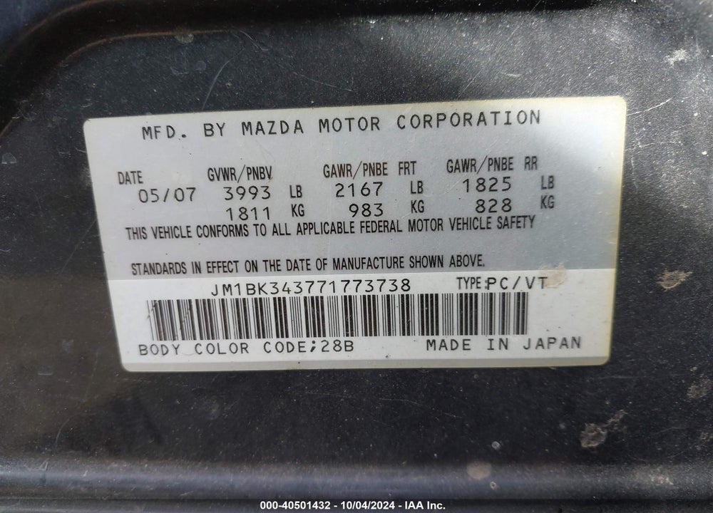 2007 MAZDA 3 S GRAND TOURING/S TOURING VIN: JM1BK343771773738