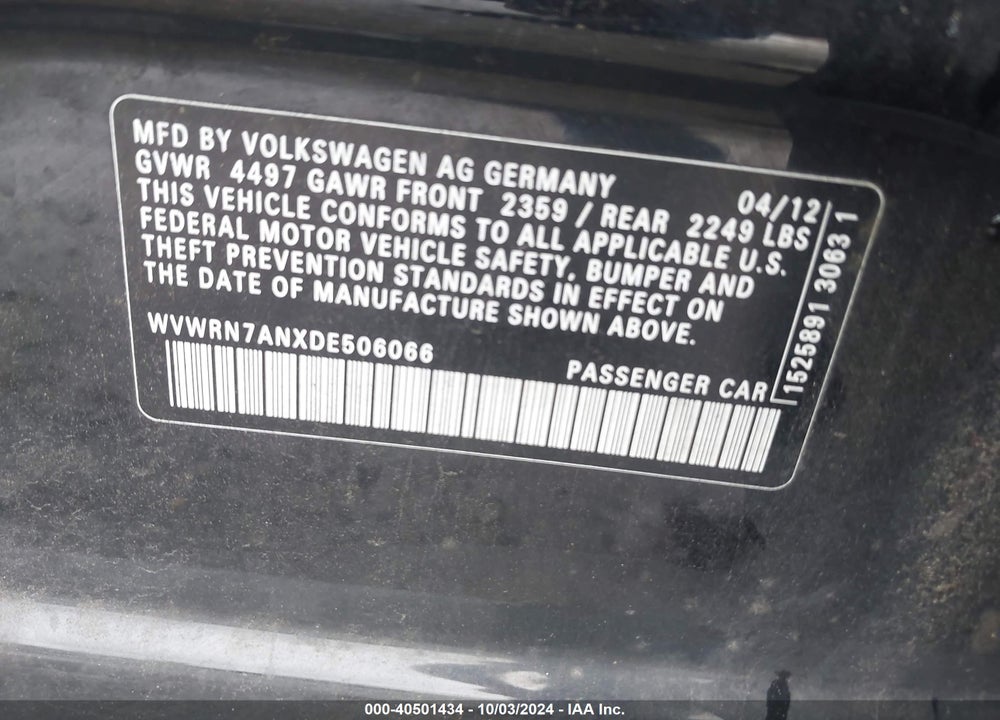 2013 VOLKSWAGEN CC 2.0T LUX VIN: WVWRN7ANXDE506066