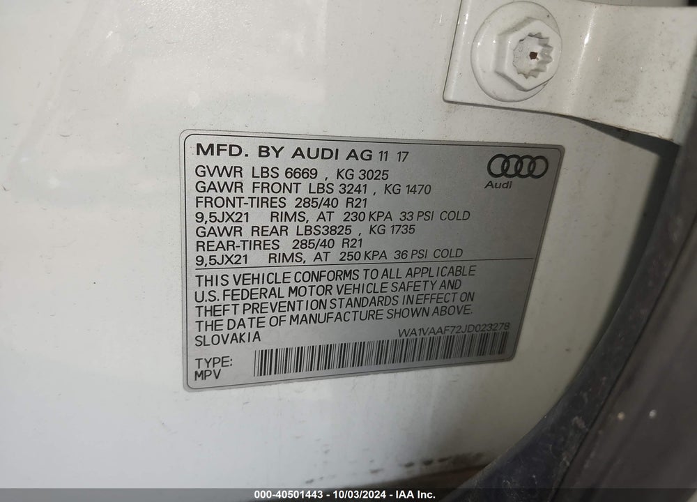 2018 AUDI Q7 3.0T PREMIUM VIN: WA1VAAF72JD023278
