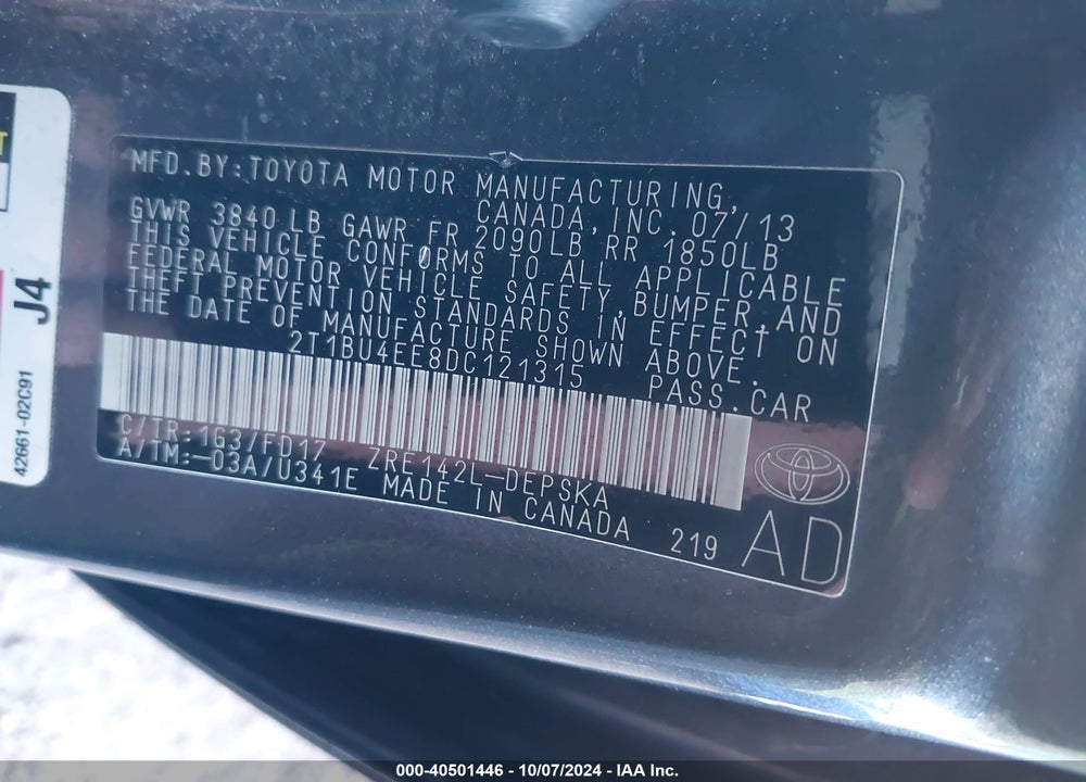 2013 TOYOTA COROLLA S VIN: 2T1BU4EE8DC121315